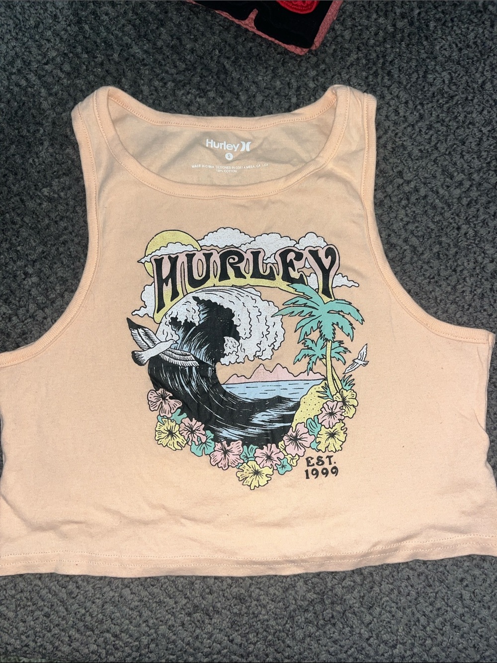 Hurley Peach Graphic Surf Crop Tank - Tropical Wave Print